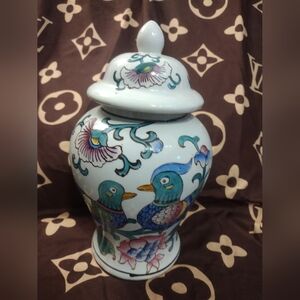 Chinoiserie Handpainted Vase Jar with Lid, Flowers & Birds 10.5"